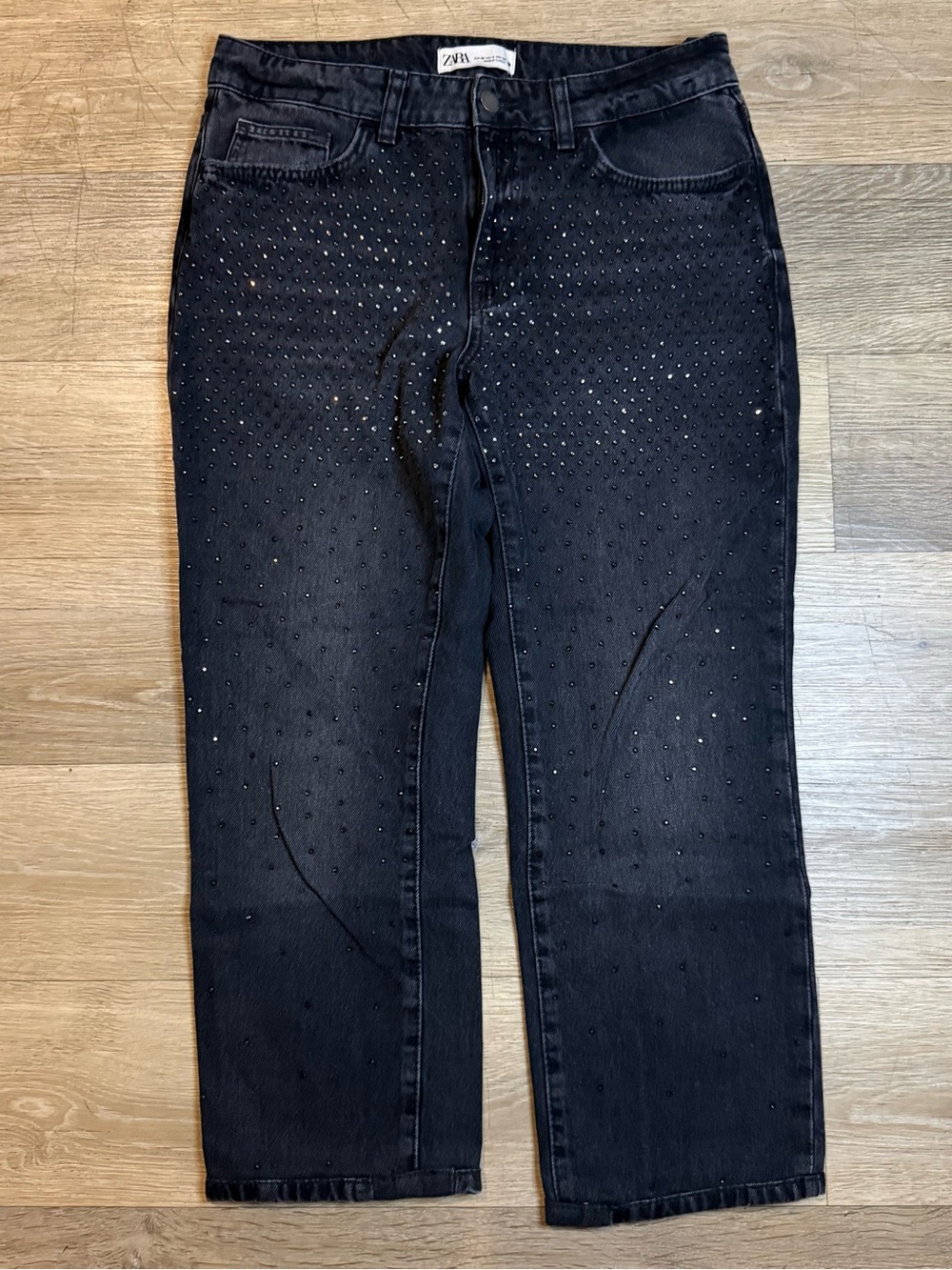 Zara Black Embellished Straight-Leg Jeans